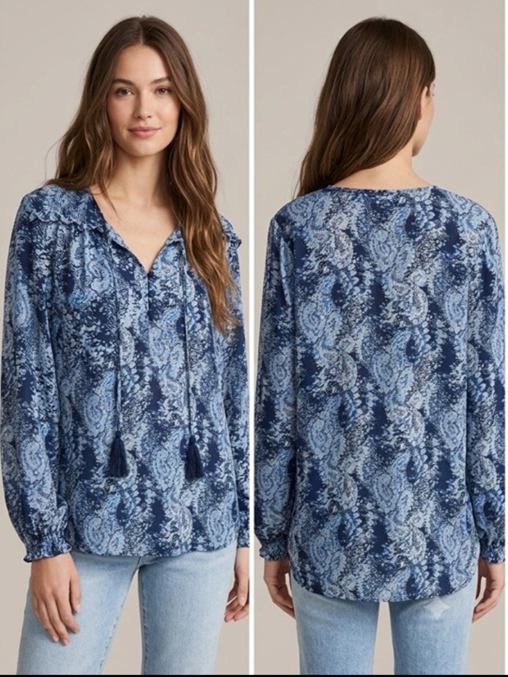 Joie Boho Relaxed Blue Parisian Paisley Long Sleeve Peasant Office Top Blouse S